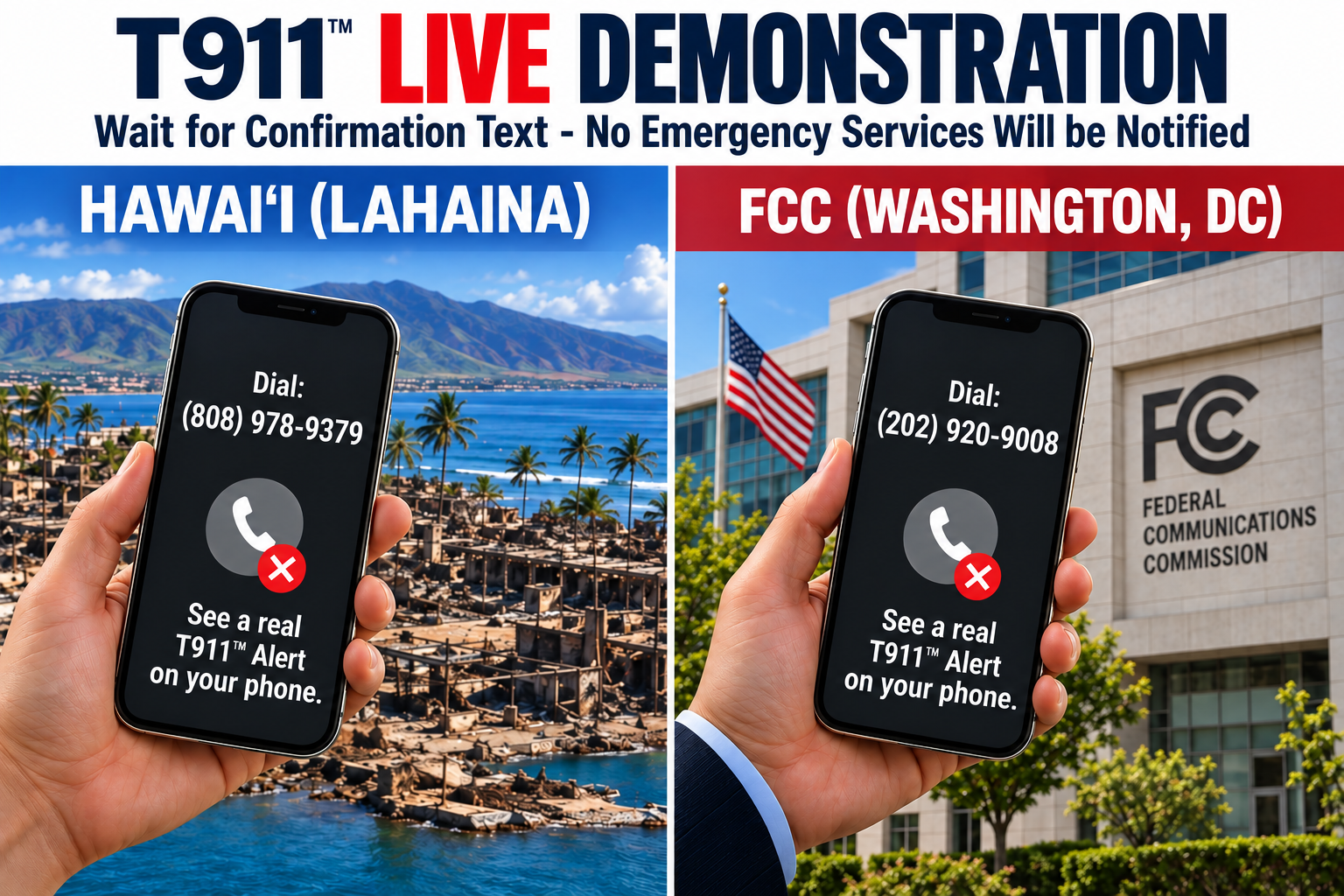 T911 live demonstration numbers for Hawaii and Washington DC